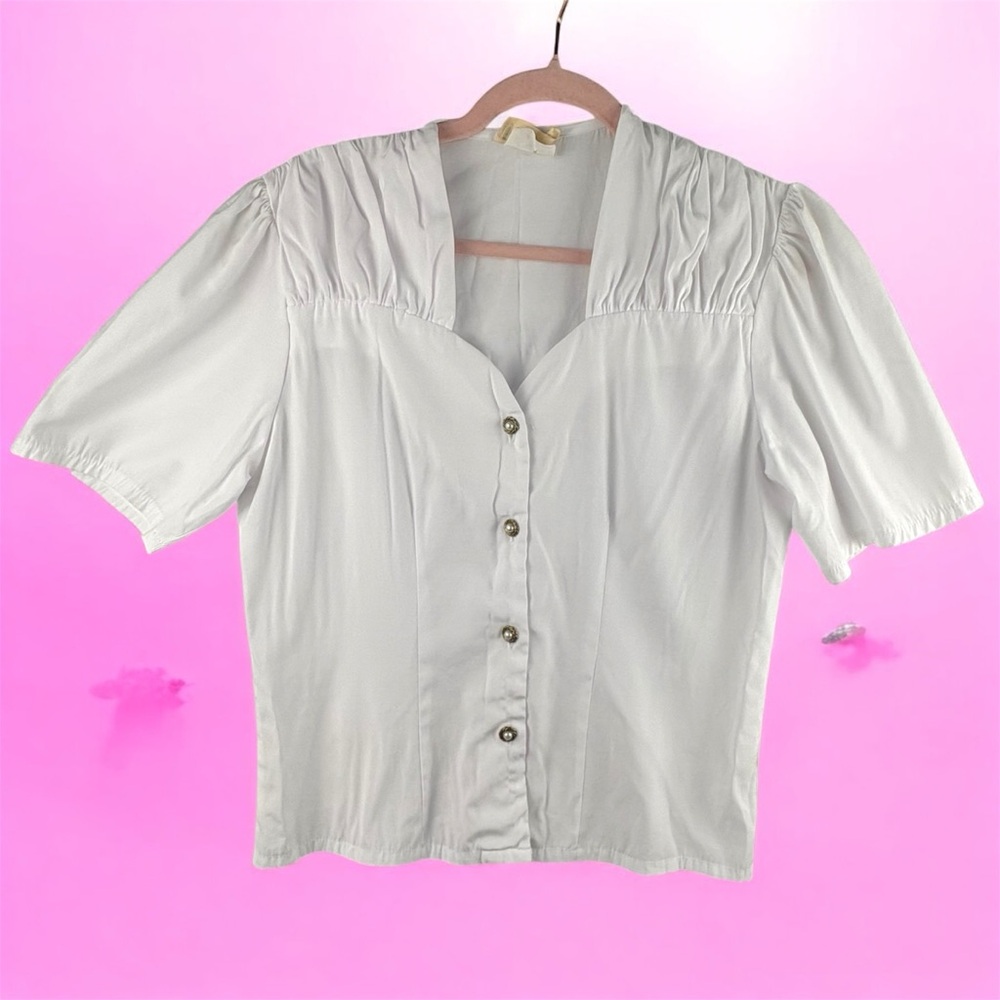 Jayelle Feminine Elegant White Button-Up Women's Top Cottagecore Poofy Sleeves M